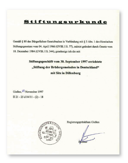 Stiftungsurkunde Stiftung der Brüdergemeinden in Deutschland